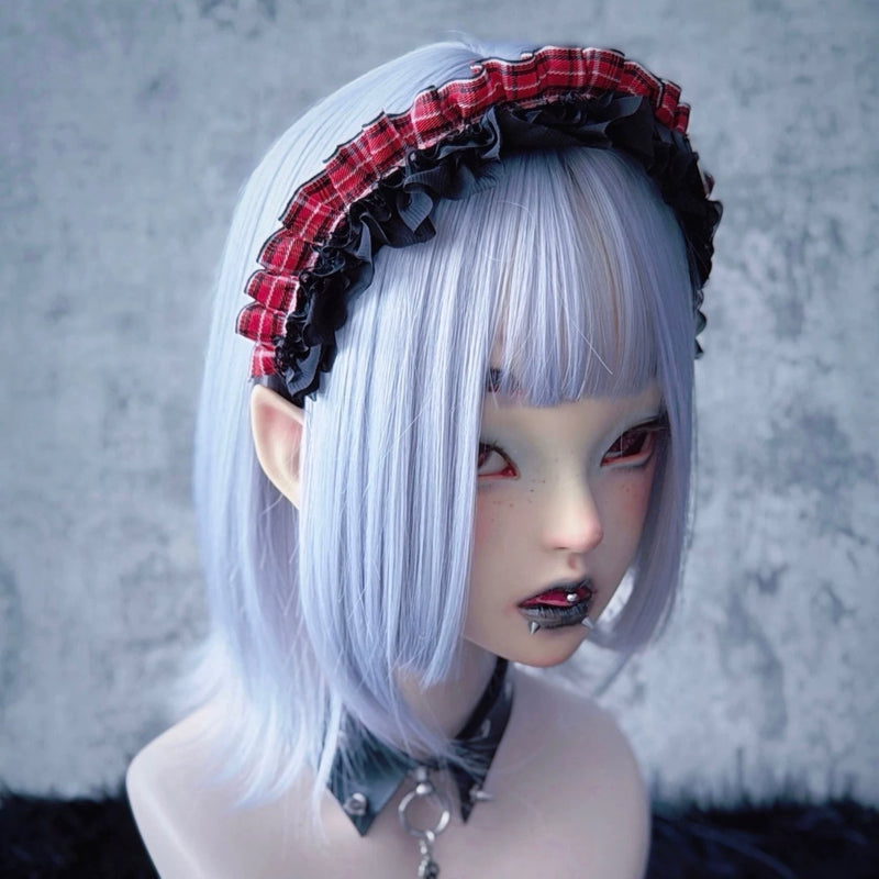Red and Black Tartan Heart Buckle Pleated Headband by Strange Sugar - product view 3