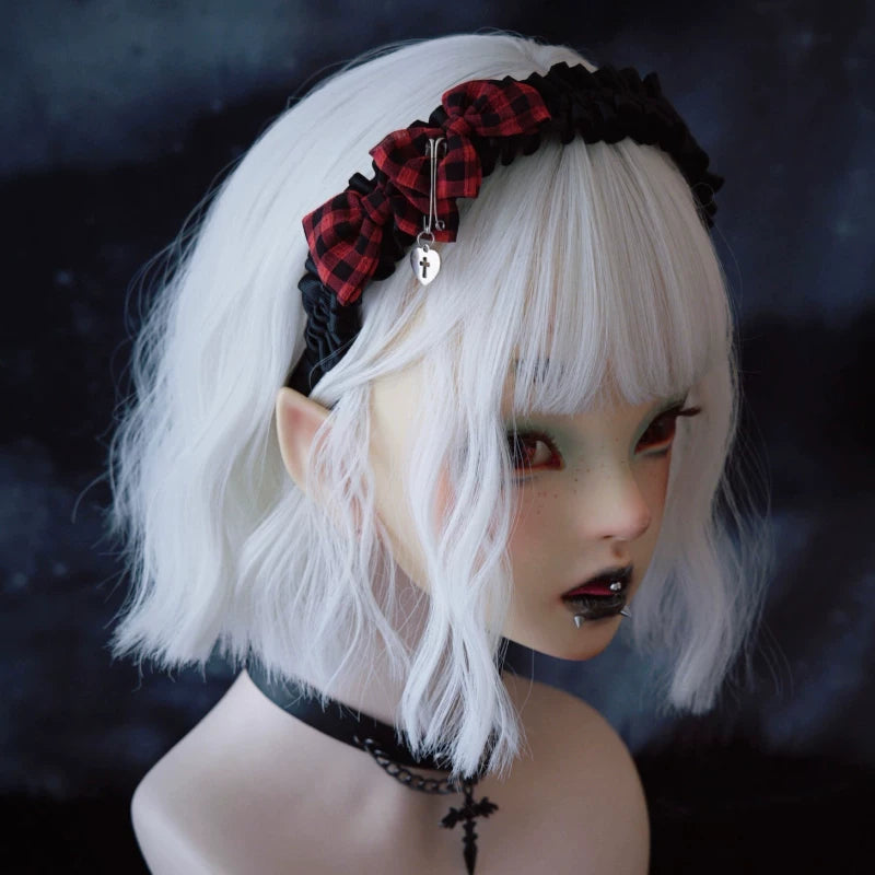 Red and Black Tartan Heart Cross Pleated Headband by Strange Sugar - product view 4