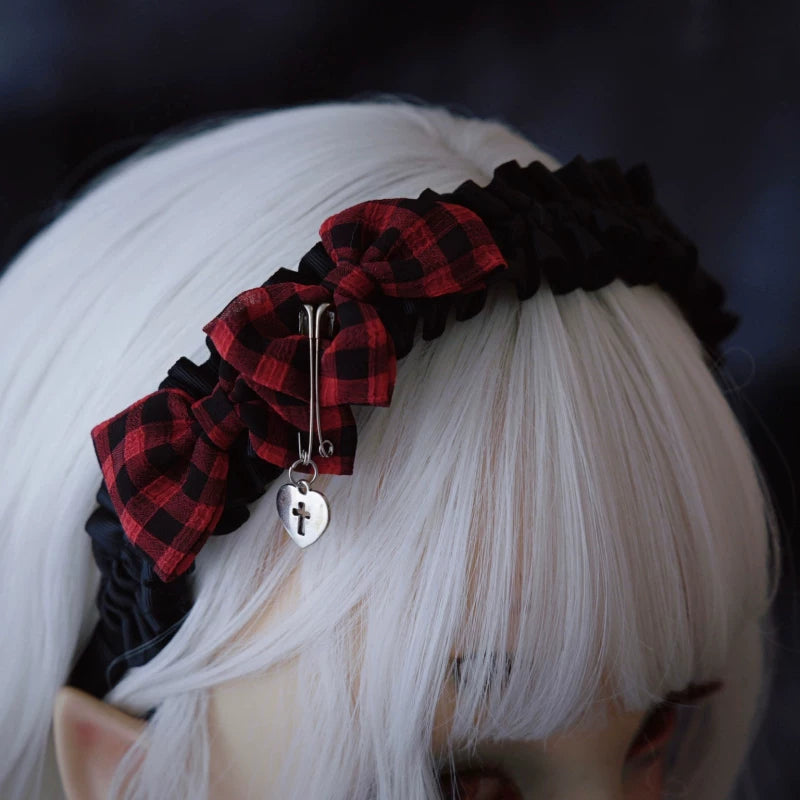 Red and Black Tartan Heart Cross Pleated Headband by Strange Sugar - product view 5