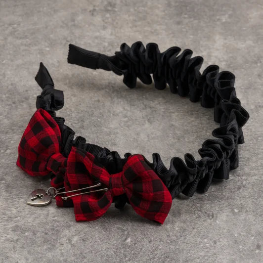 Red and Black Tartan Heart Cross Pleated Headband by Strange Sugar - product view 6