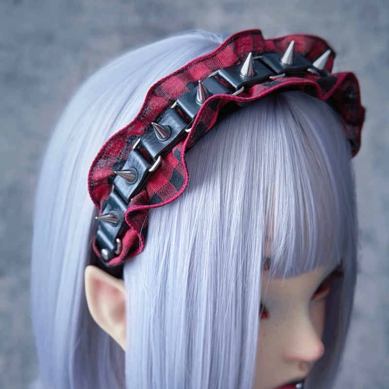 Red and Black Tartan Short Stud Ruffle Headband by Strange Sugar - product view 5