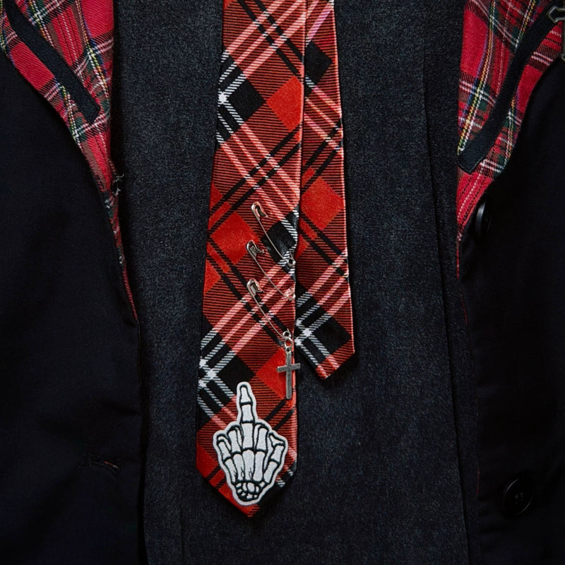 Red and Black Tartan Skeleton Hand Cross Necktie by Strange Sugar - product view 4