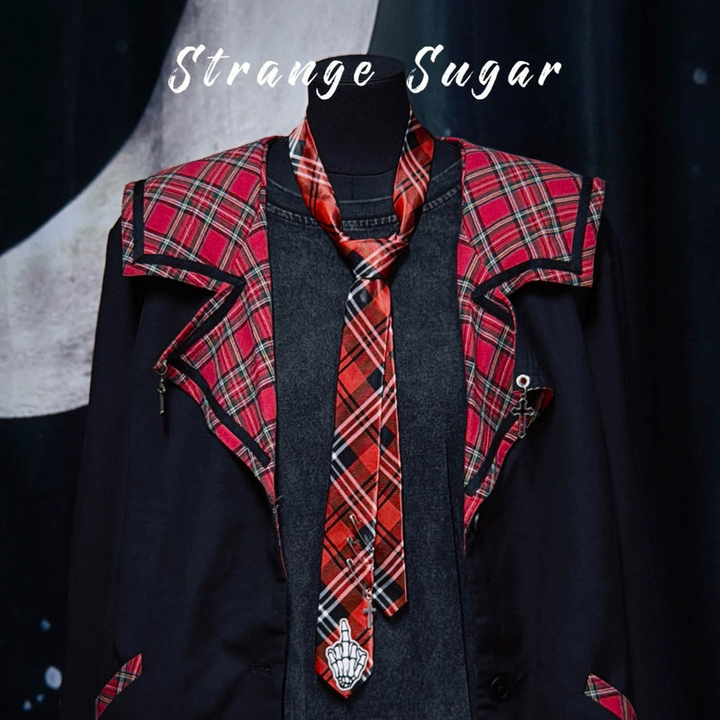 Red and Black Tartan Skeleton Hand Cross Necktie by Strange Sugar - product view 6