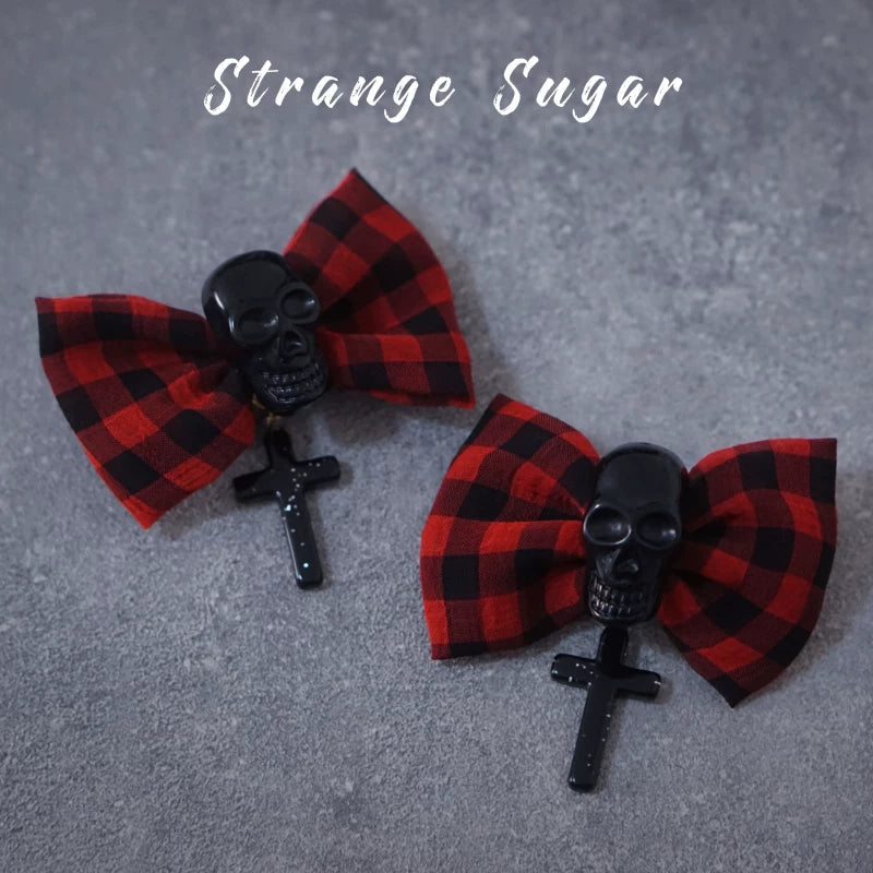 Red and Black Tartan Skull Cross Bow Hair Clip by Strange Sugar - product view 6