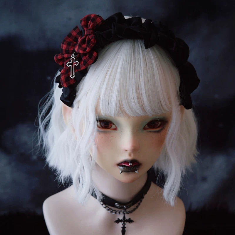 Red and Black Tartan Triple Bow Cross Headband by Strange Sugar - product view 4