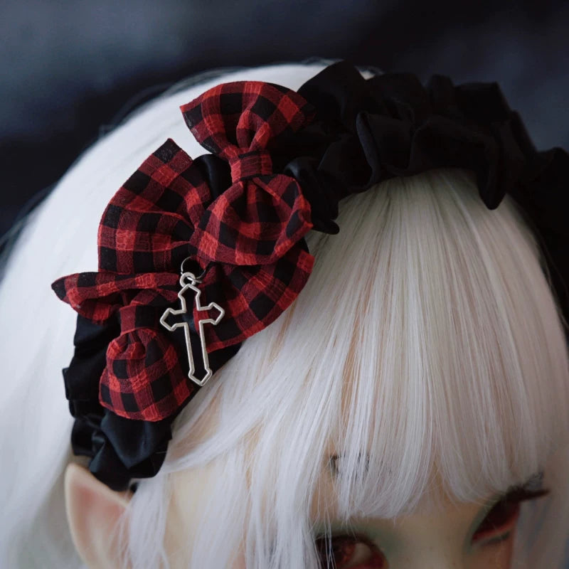 Red and Black Tartan Triple Bow Cross Headband by Strange Sugar - product view 5