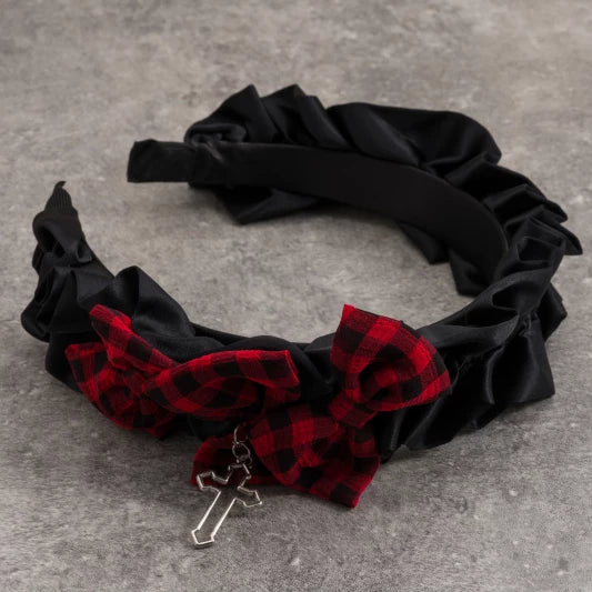 Red and Black Tartan Triple Bow Cross Headband by Strange Sugar - product view 6