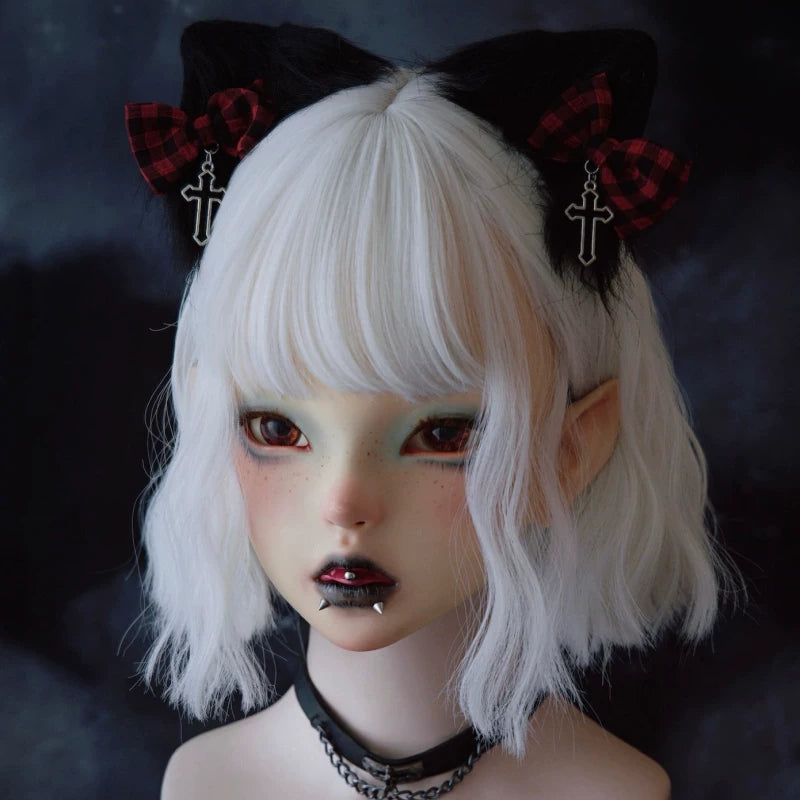 Red Tartan Bow Cross Plush Cat Ear Hair Clips by Strange Sugar - product view 4