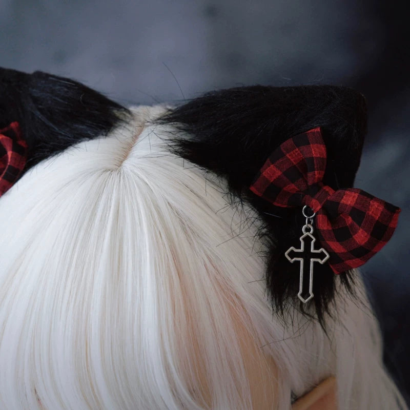 Red Tartan Bow Cross Plush Cat Ear Hair Clips by Strange Sugar - product view 5