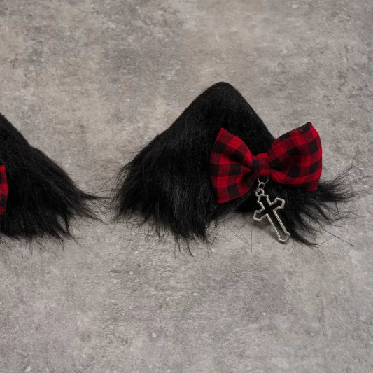 Red Tartan Bow Cross Plush Cat Ear Hair Clips by Strange Sugar - product view 6