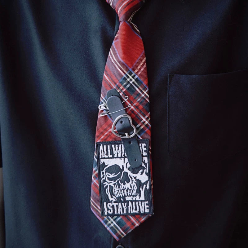 Red Tartan Skull Heart Buckle Pre-Tied Necktie by Strange Sugar - product view 3