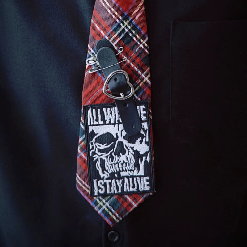 Red Tartan Skull Heart Buckle Pre-Tied Necktie by Strange Sugar - product view 4