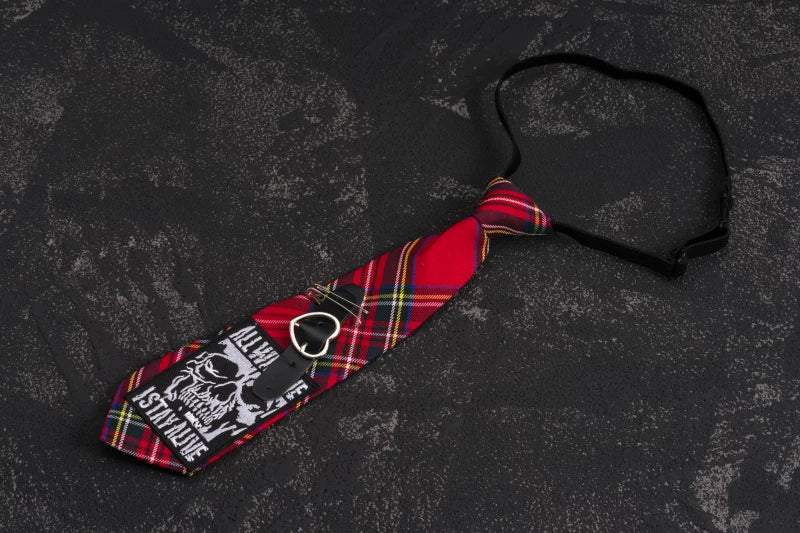Red Tartan Skull Heart Buckle Pre-Tied Necktie by Strange Sugar - product view 6