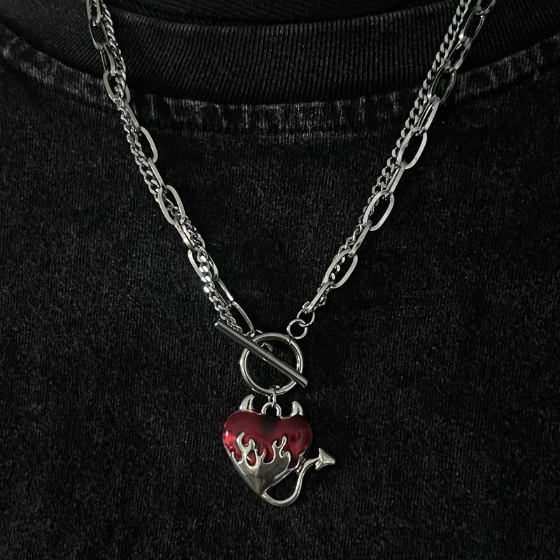Silver Tone and Red Devil Heart Double Layer Necklace by Strange Sugar - product view 4