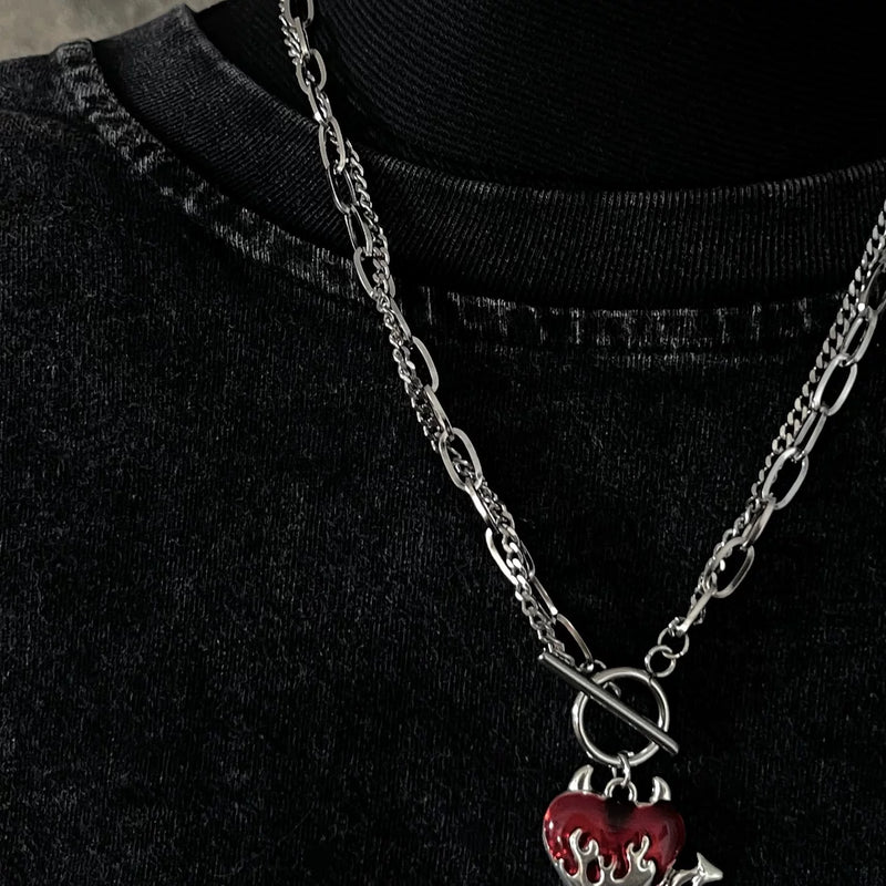 Silver Tone and Red Devil Heart Double Layer Necklace by Strange Sugar - product view 5