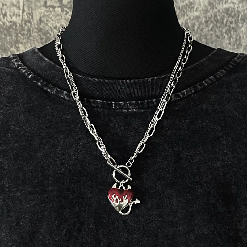 Silver Tone and Red Devil Heart Double Layer Necklace by Strange Sugar - product view 6
