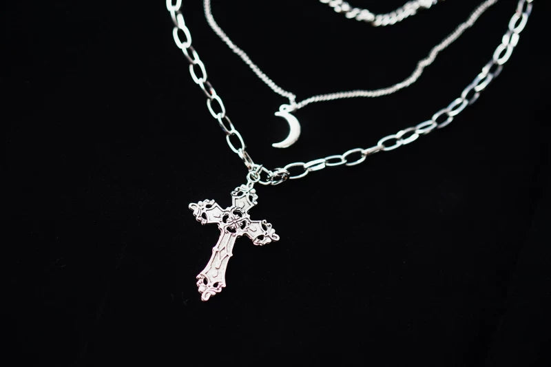 Triple Layer Cross and Moon Chain Necklace by Strange Sugar - product view 4