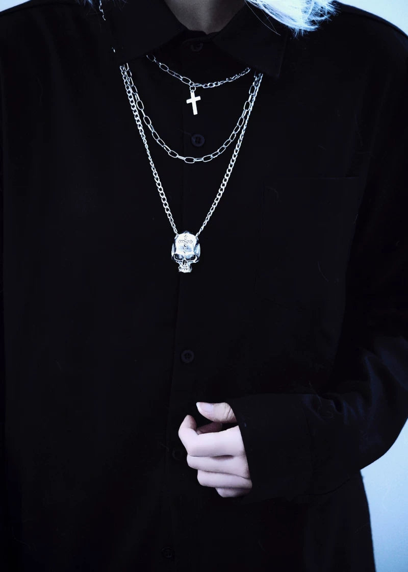 Triple Layer Skull and Cross Chain Necklace by Strange Sugar - product view 3