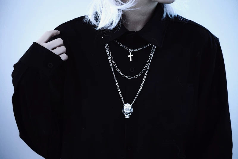 Triple Layer Skull and Cross Chain Necklace by Strange Sugar - product view 4
