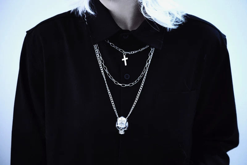 Triple Layer Skull and Cross Chain Necklace by Strange Sugar - product view 5