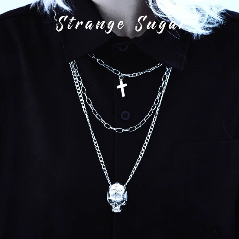 Triple Layer Skull and Cross Chain Necklace by Strange Sugar - product view 6