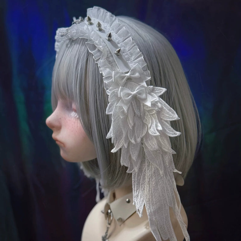 White Angel Wing Studded Buckle Lace Headdress by Strange Sugar - product view 3