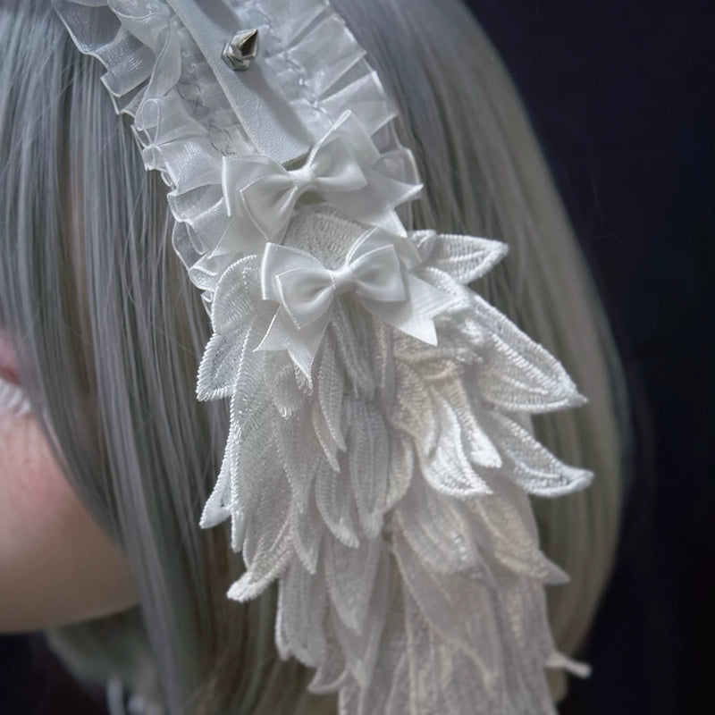 White Angel Wing Studded Buckle Lace Headdress by Strange Sugar - product view 4