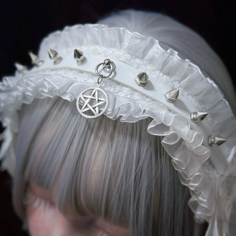 White Angel Wing Studded Buckle Lace Headdress by Strange Sugar - product view 5