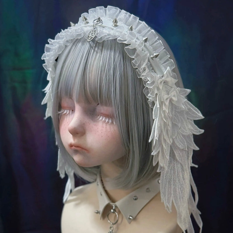 White Angel Wing Studded Buckle Lace Headdress by Strange Sugar - product view 6