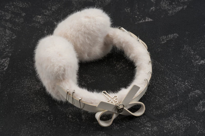 White Plush Heart Bow Earmuffs by Strange Sugar - product view 6