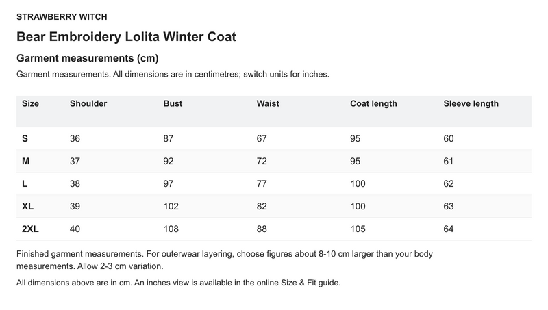 Bear Embroidery Lolita Winter Coat - English size chart in centimetres