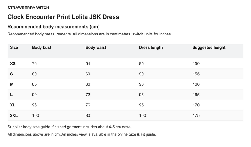 Clock Encounter Print Lolita JSK Dress - English size chart in centimetres