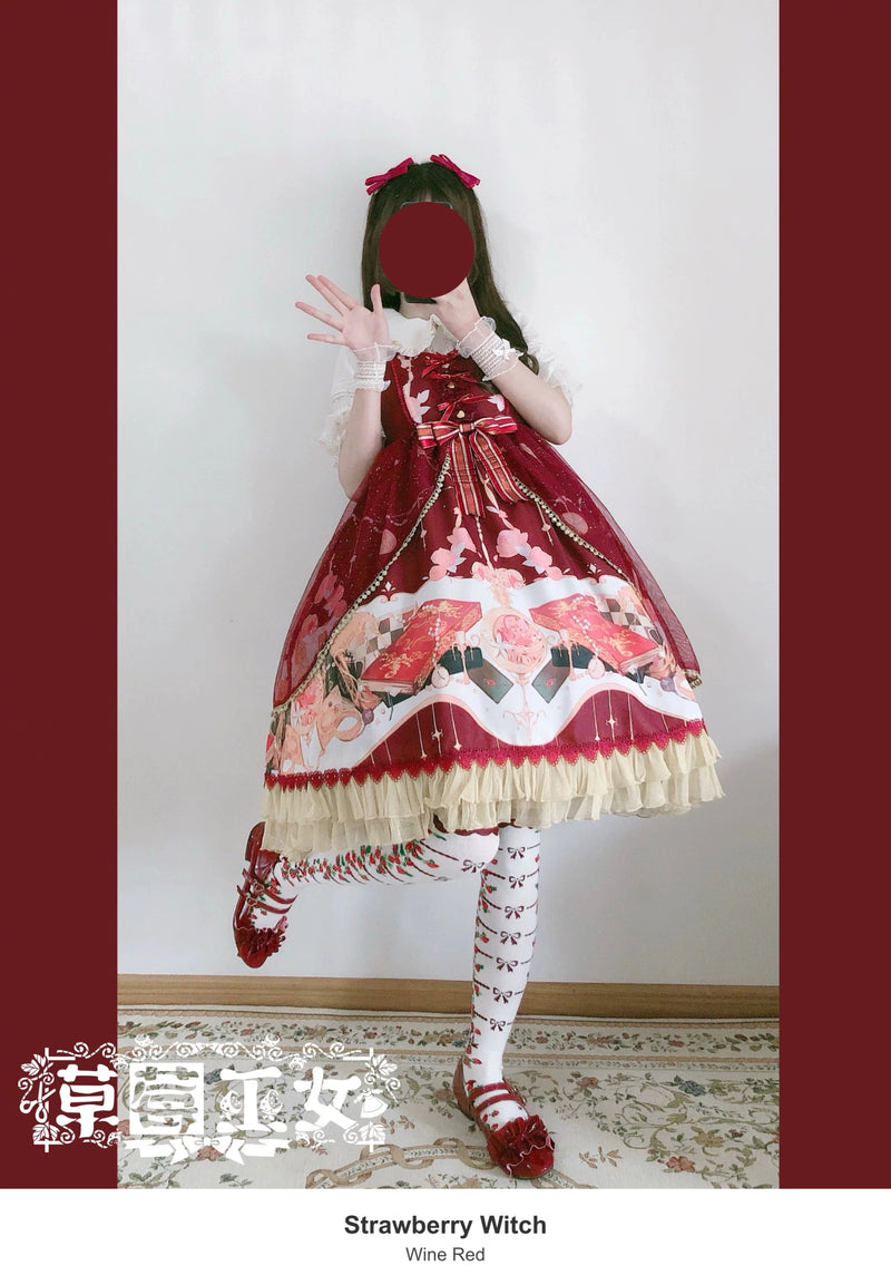 Strawberry Witch Clock Encounter Print Lolita JSK Dress - Wine Red