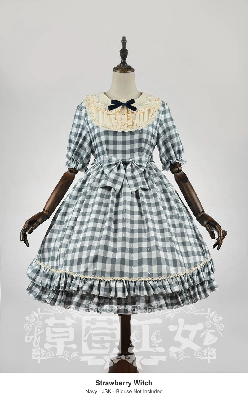 Strawberry Witch Fruit Lily Gingham Lolita JSK Dress - Navy - JSK - Blouse Not Included