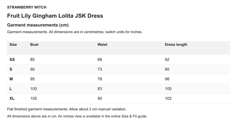 Fruit Lily Gingham Lolita JSK Dress - English size chart in centimetres