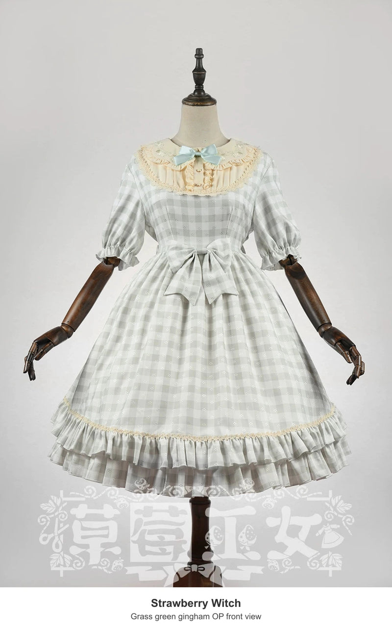 Strawberry Witch Fruit Lily Gingham Lolita OP Dress - Grass green gingham OP front view