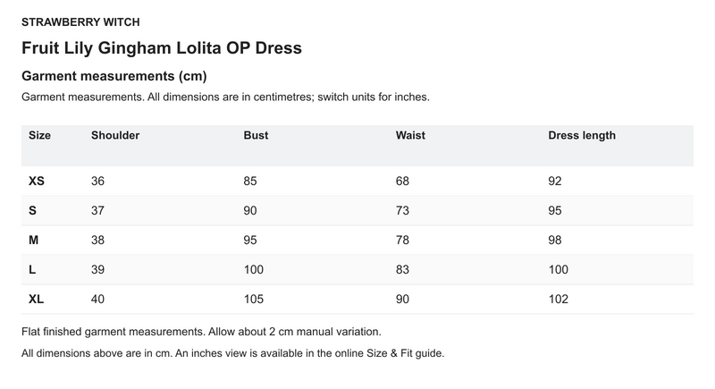 Fruit Lily Gingham Lolita OP Dress - English size chart in centimetres