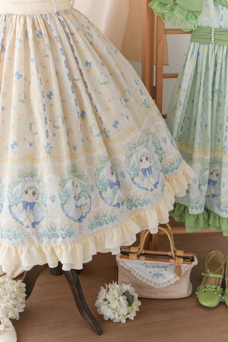 Strawberry Witch Lily of the Valley Cat Print Lolita OP Dress - Beige skirt print and lace detail