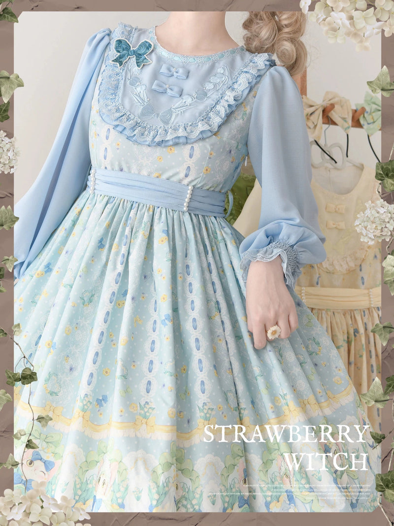 Strawberry Witch Lily of the Valley Cat Print Lolita OP Dress - Blue collar and print detail