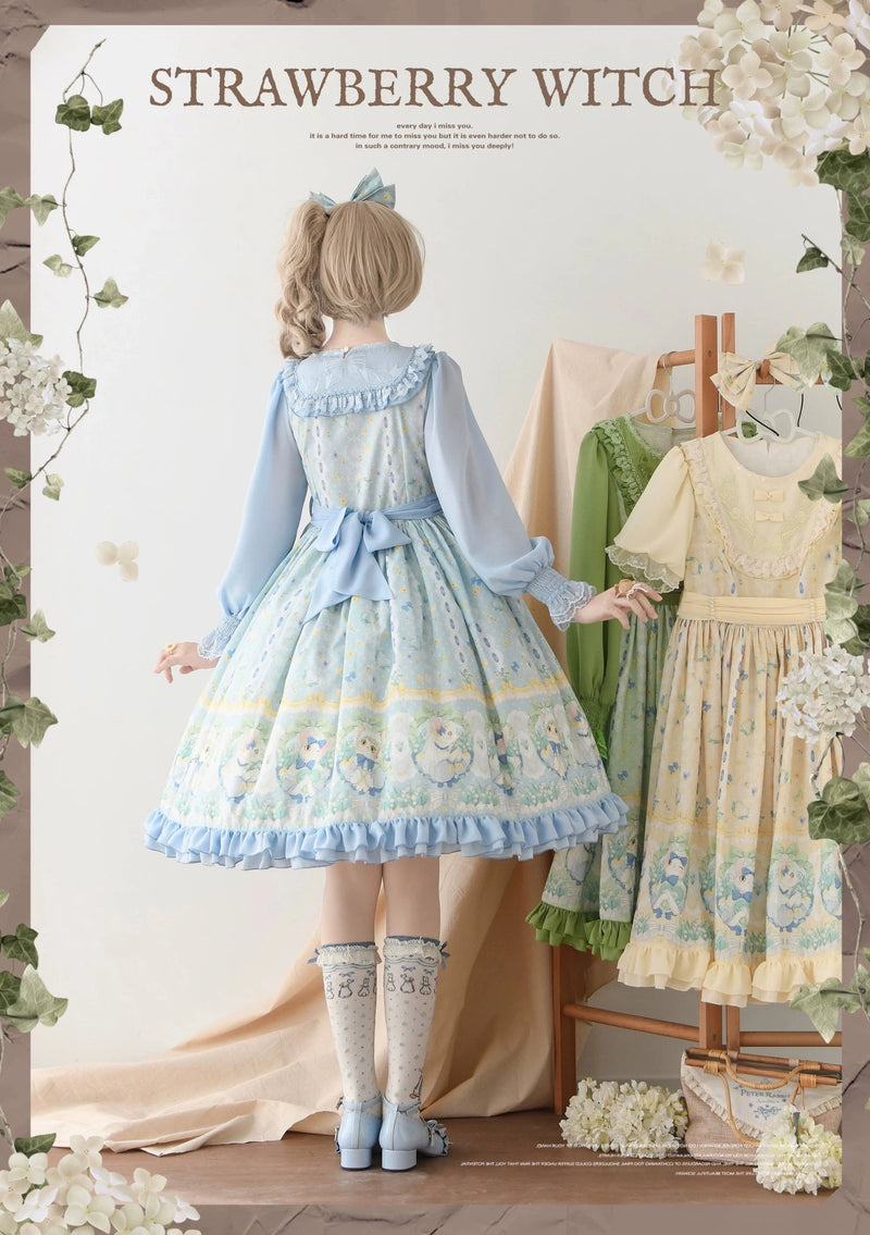 Strawberry Witch Lily of the Valley Cat Print Lolita OP Dress - Blue OP back view