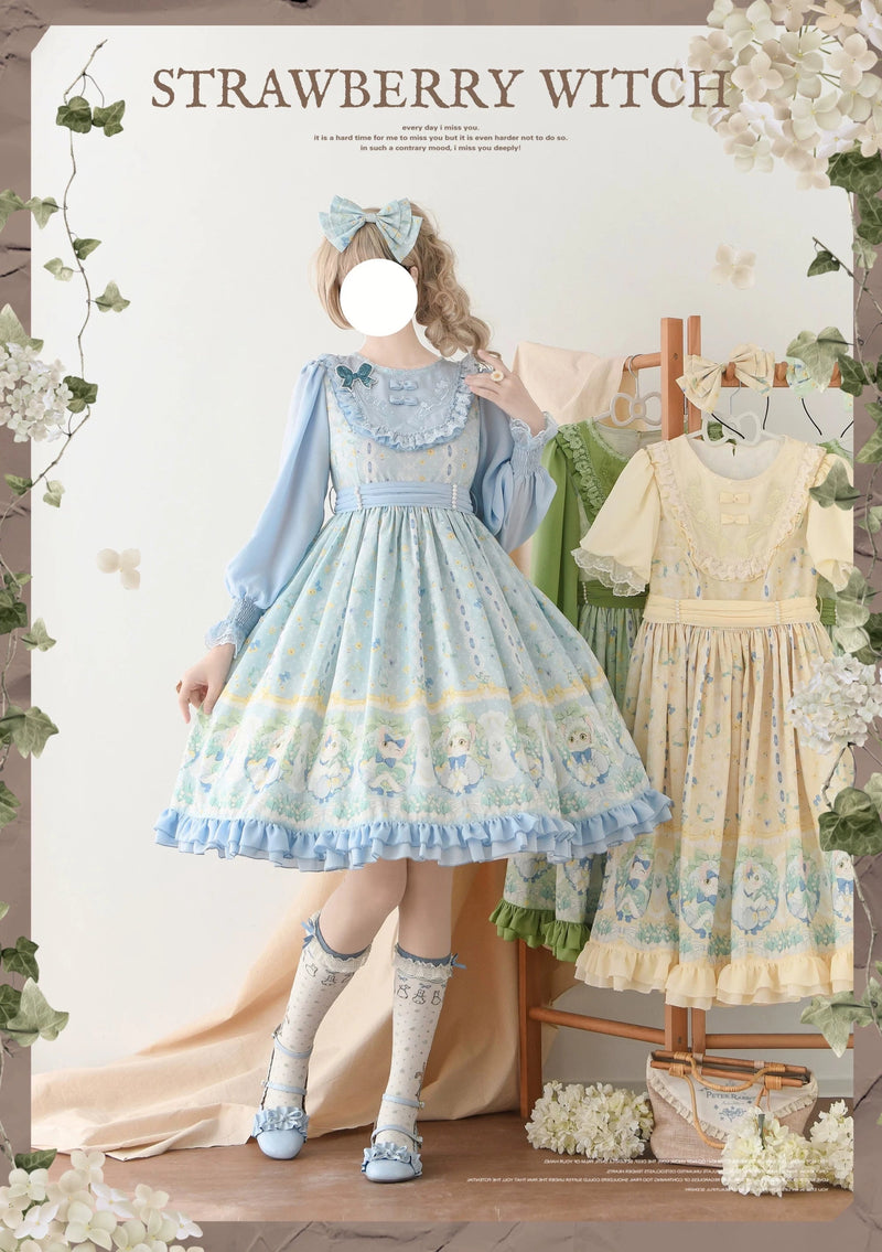 Strawberry Witch Lily of the Valley Cat Print Lolita OP Dress - Blue OP model view