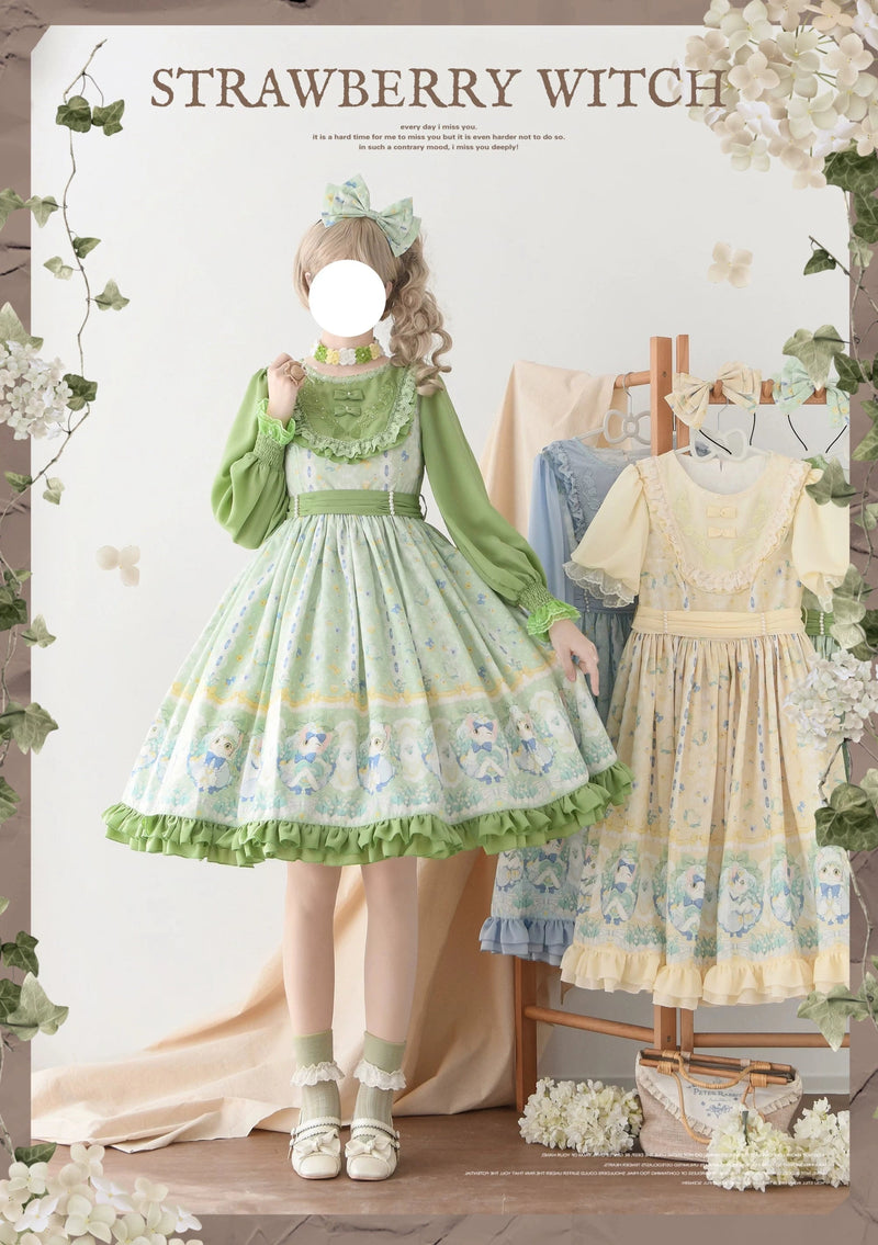Strawberry Witch Lily of the Valley Cat Print Lolita OP Dress - Green long sleeve OP model view
