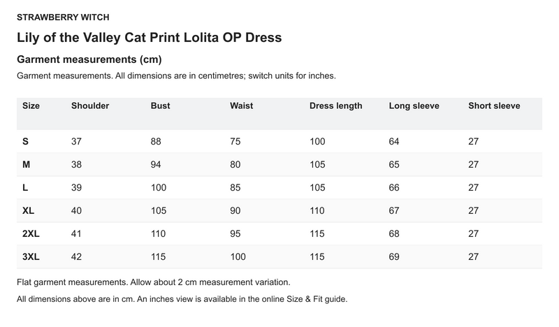Lily of the Valley Cat Print Lolita OP Dress - English size chart in centimetres