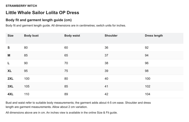 Little Whale Sailor Lolita OP Dress - English size chart in centimetres