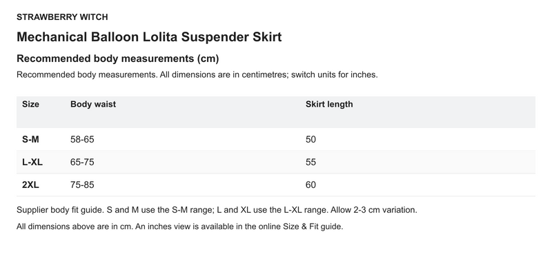 Mechanical Balloon Lolita Suspender Skirt - English size chart in centimetres