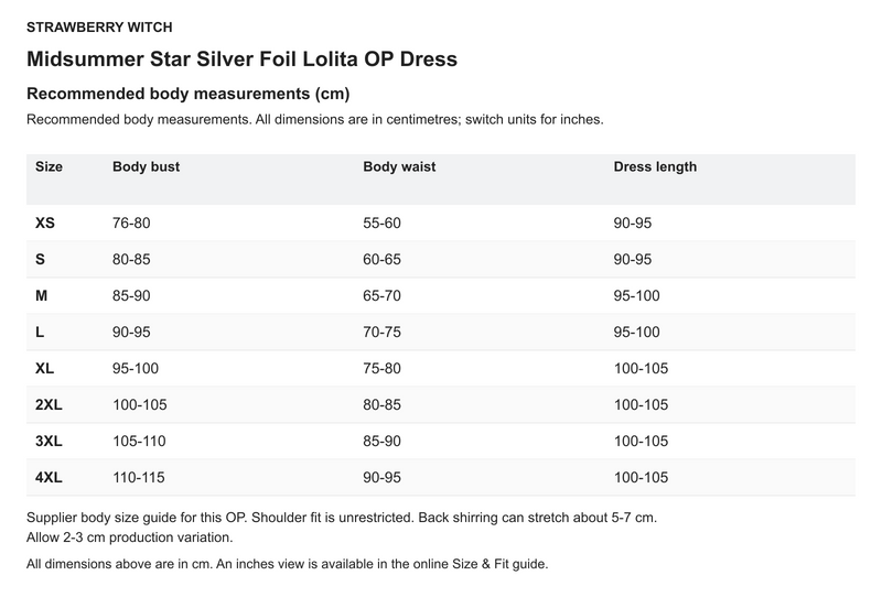 Midsummer Star Silver Foil Lolita OP Dress - English size chart in centimetres