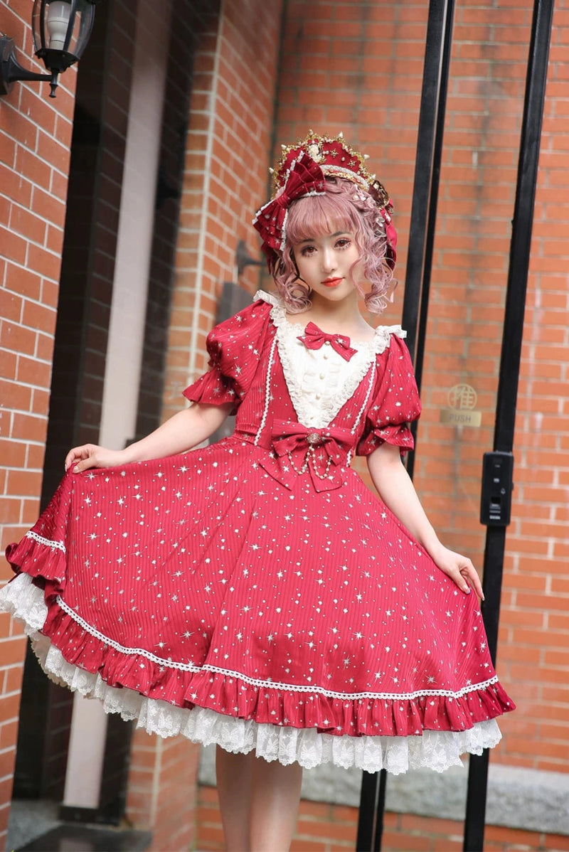 Strawberry Witch Midsummer Star Silver Foil Lolita OP Dress - Wine Red - OP Dress - Silver Foil