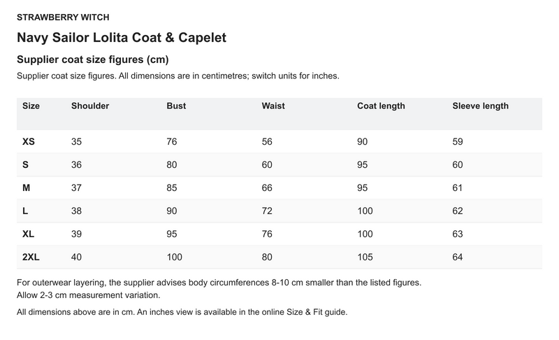Navy Sailor Lolita Coat & Capelet - English size chart in centimetres