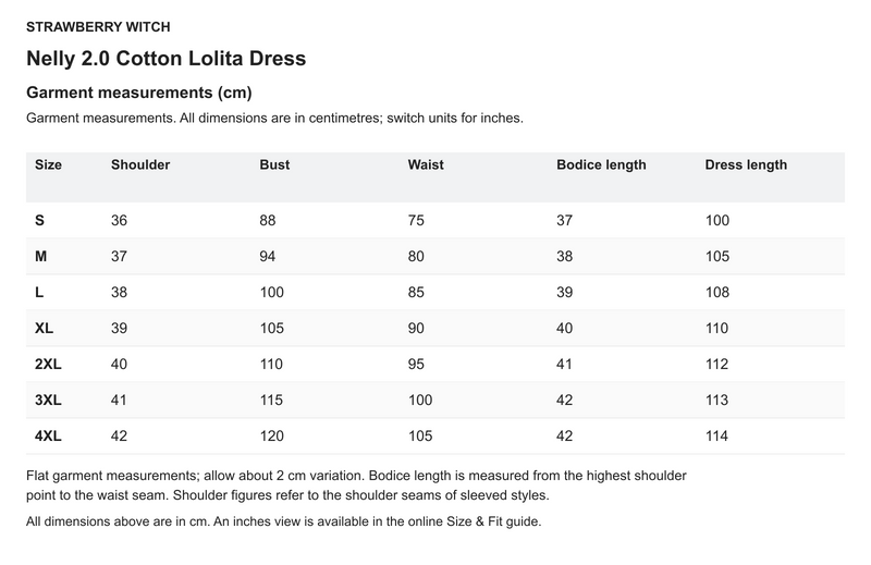Nelly 2.0 Cotton Lolita Dress - English size chart in centimetres
