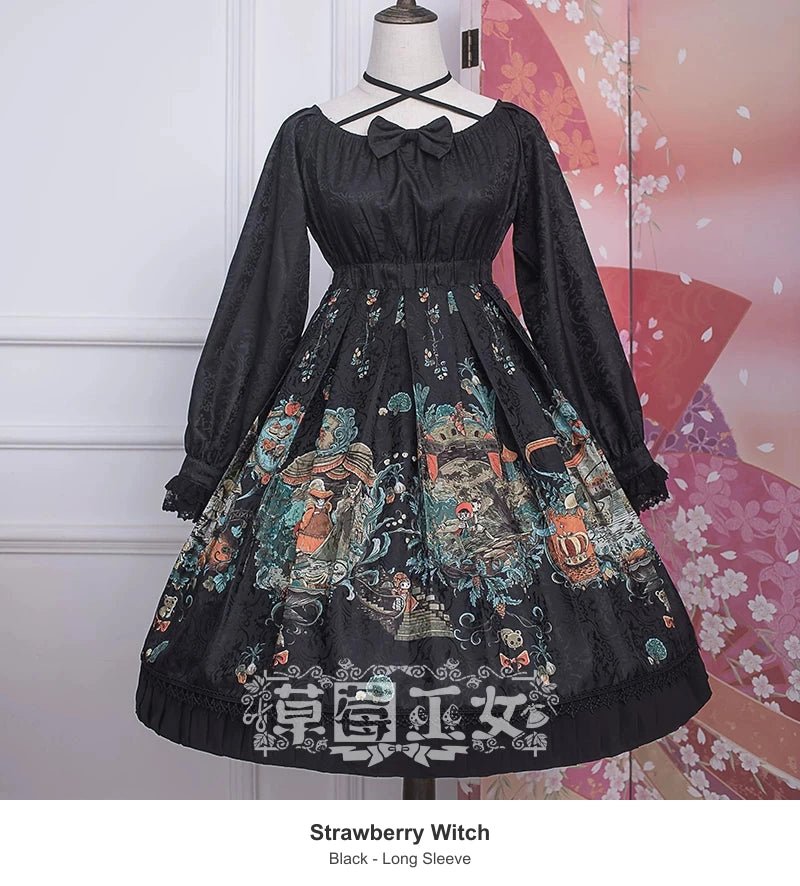 Strawberry Witch Qiboer Storybook Print Lolita OP Dress - Black - Long Sleeve
